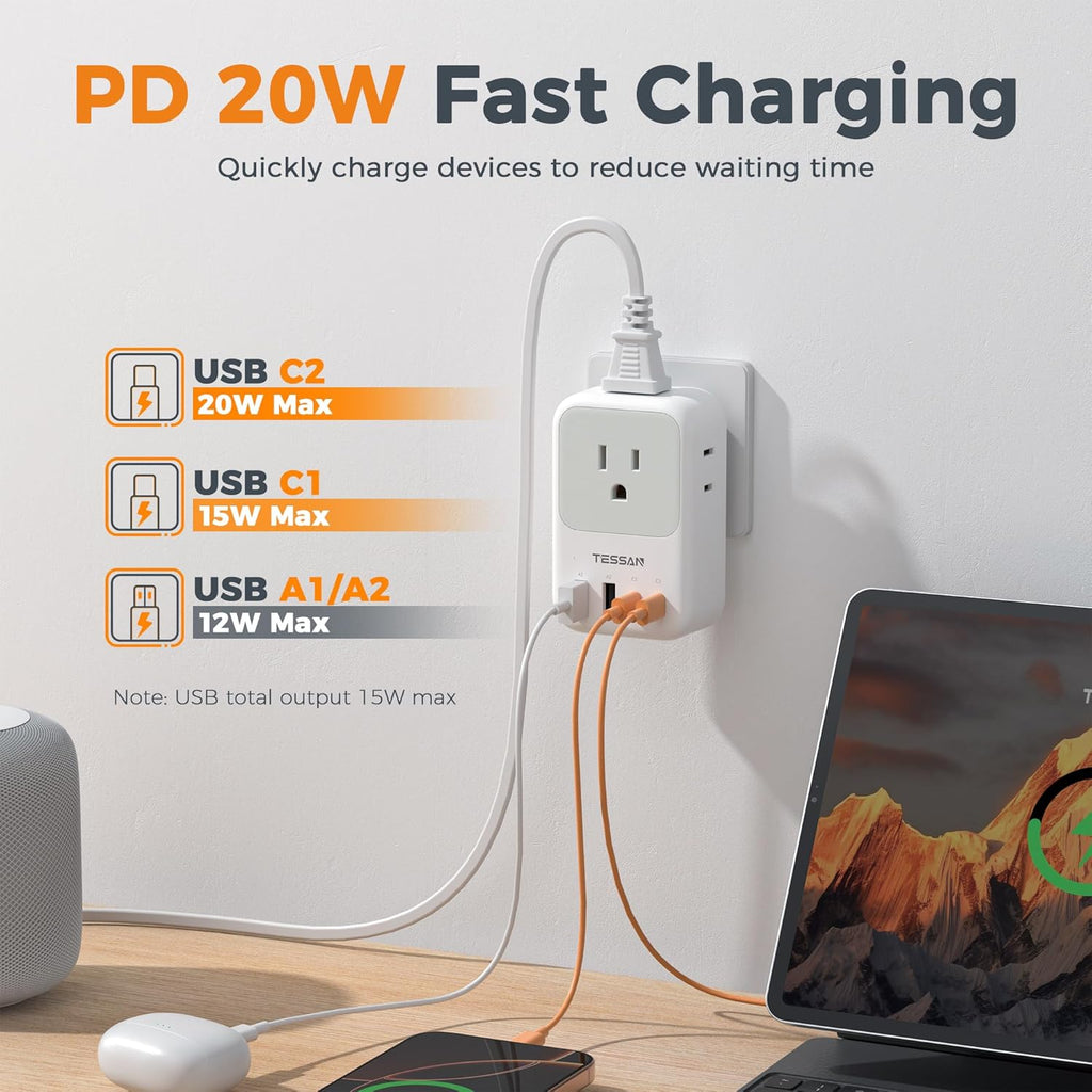 Multi Plug Outlet Extender with USB,  Electrical 4 Box Splitter 3 USB Wall Charger, Multiple Charging Station for Cruise, Travel, Office, Dorm Essentials