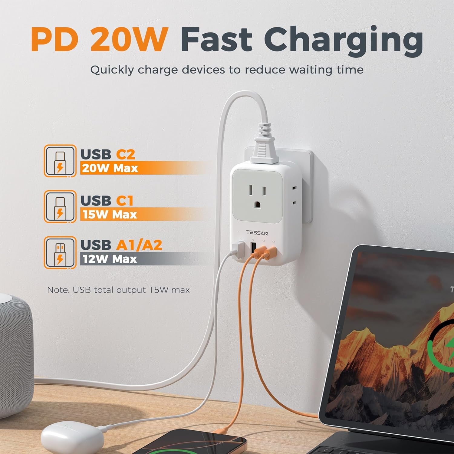 Multi Plug Outlet Extender with USB,  Electrical 4 Box Splitter 3 USB Wall Charger, Multiple Charging Station for Cruise, Travel, Office, Dorm Essentials