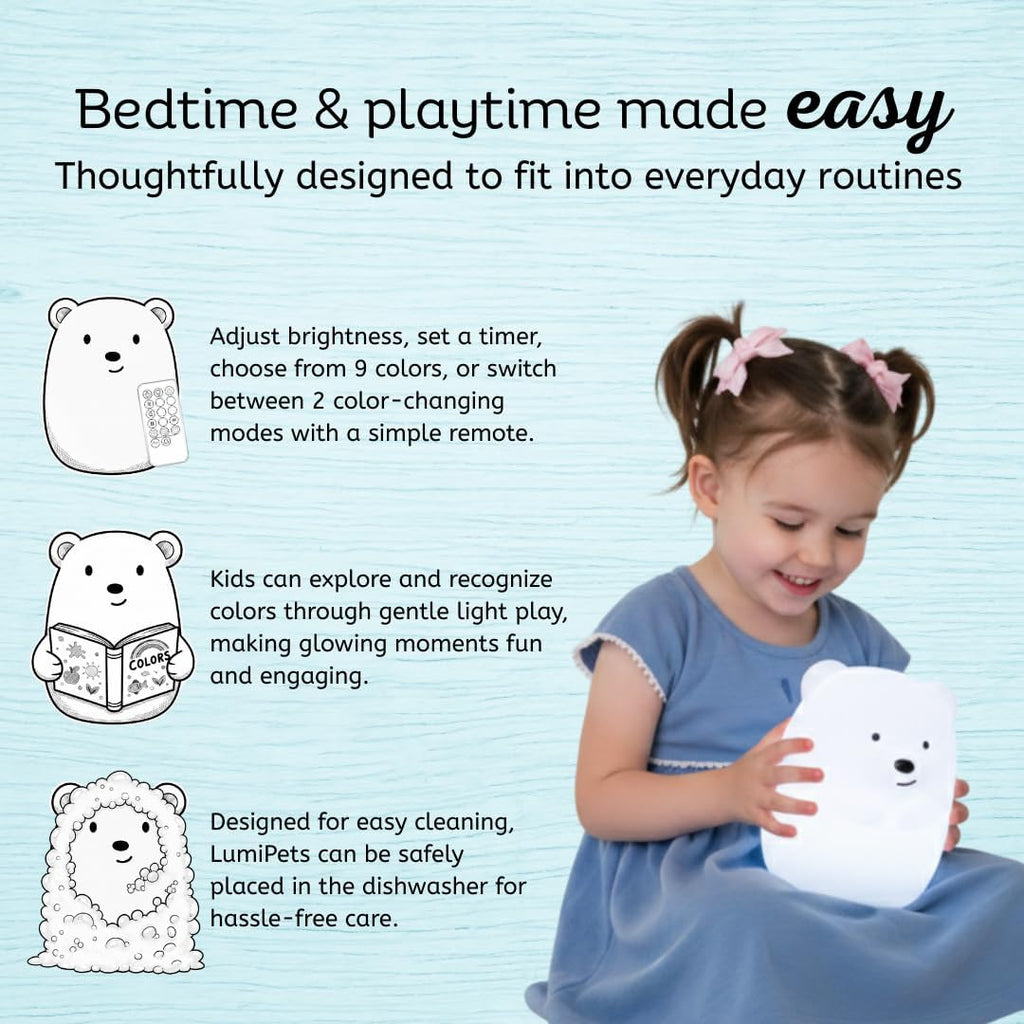 Lumipet Bear Jumbo Kids Night Light, Cute Nursery Light for Baby, Toddler, Silicone LED Lamp, Remote Operated, USB Rechargeable Battery, 9 Available Colors, Timer Auto Shutoff