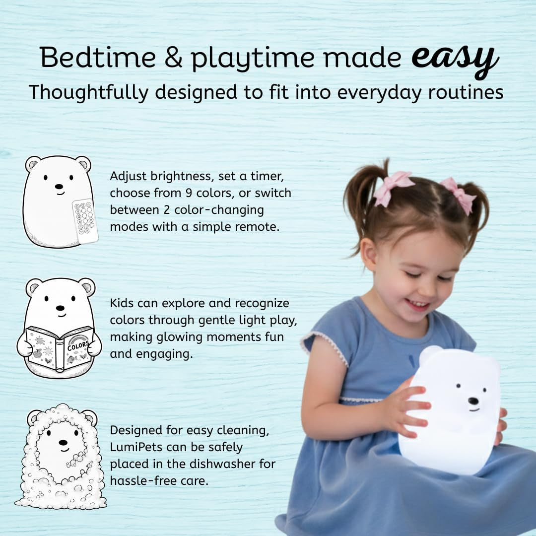 Lumipet Bear Jumbo Kids Night Light, Cute Nursery Light for Baby, Toddler, Silicone LED Lamp, Remote Operated, USB Rechargeable Battery, 9 Available Colors, Timer Auto Shutoff
