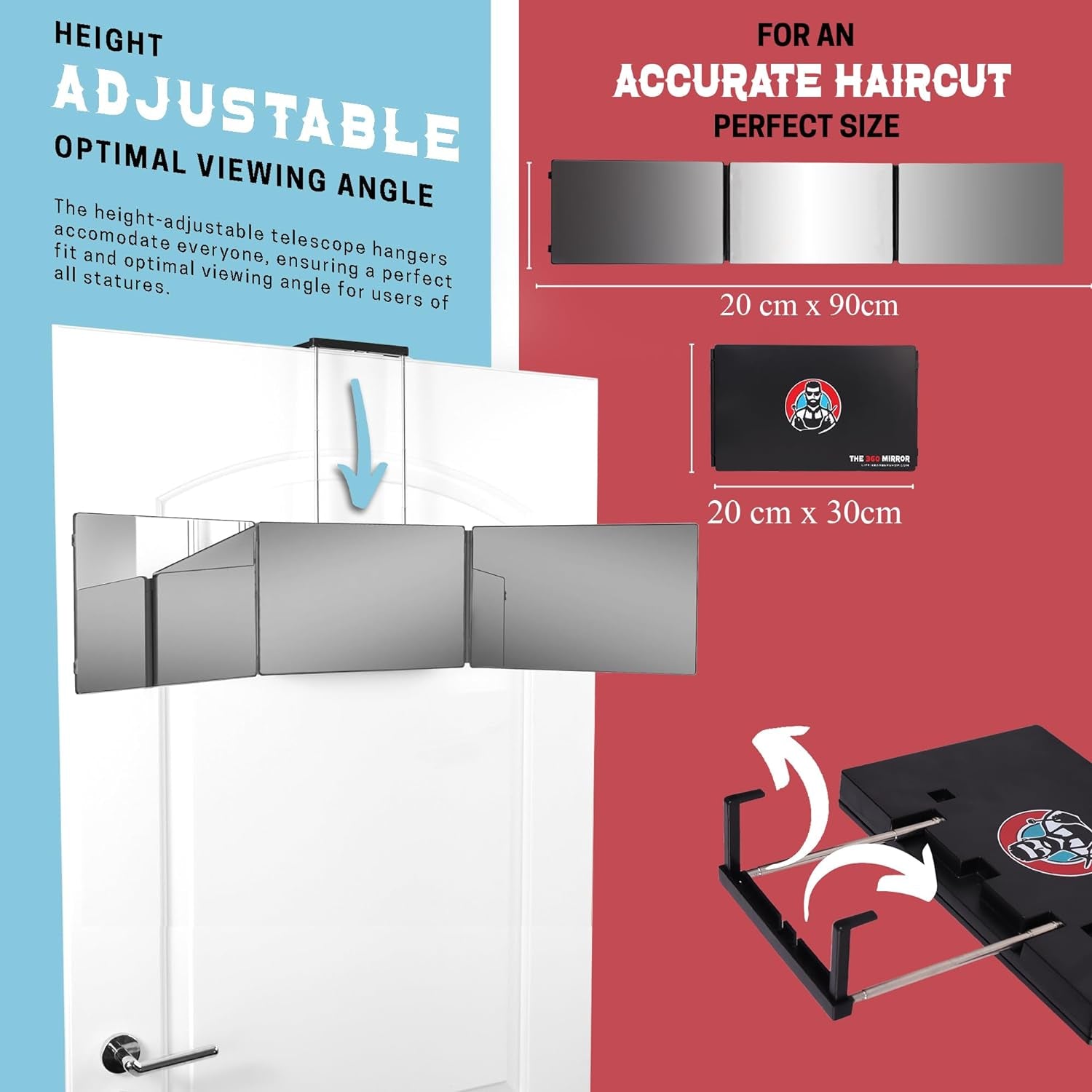 The 360 Mirror - 3 Way Mirror for Self Hair Cutting - Adjustable Trifold Barber Miror to Cut Your Own Hair - Tri Fold Self Haircut System for Men and Women Braiding - Three Sided Miror for Haircuts
