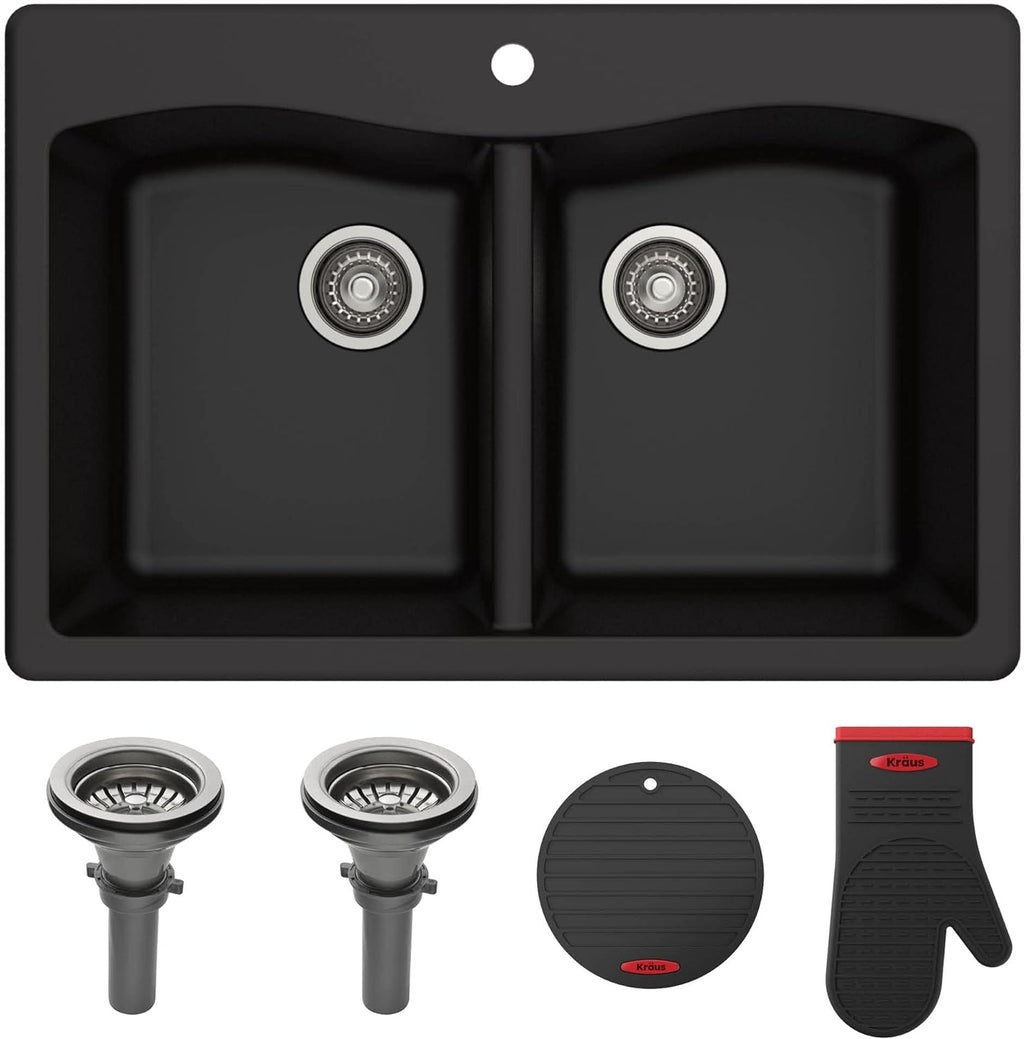 Forteza 33" Drop-In/Undermount Granite 50/50 Double Bowl Kitchen Sink - Black (KGD-52BLACK)