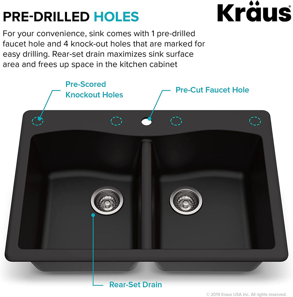 Forteza 33" Drop-In/Undermount Granite 50/50 Double Bowl Kitchen Sink - Black (KGD-52BLACK)