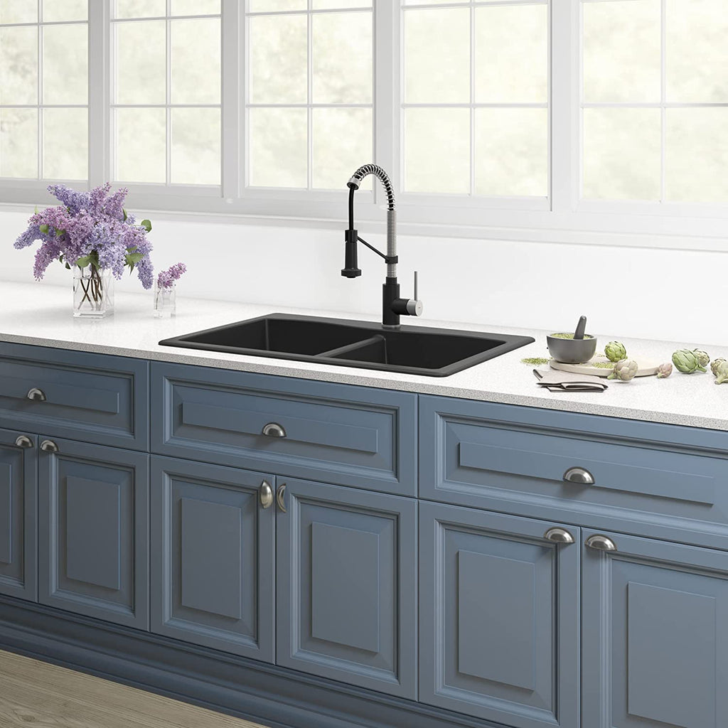 Forteza 33" Drop-In/Undermount Granite 50/50 Double Bowl Kitchen Sink - Black (KGD-52BLACK)