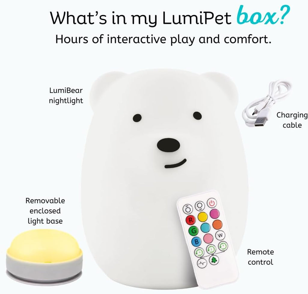 Lumipet Bear Jumbo Kids Night Light, Cute Nursery Light for Baby, Toddler, Silicone LED Lamp, Remote Operated, USB Rechargeable Battery, 9 Available Colors, Timer Auto Shutoff