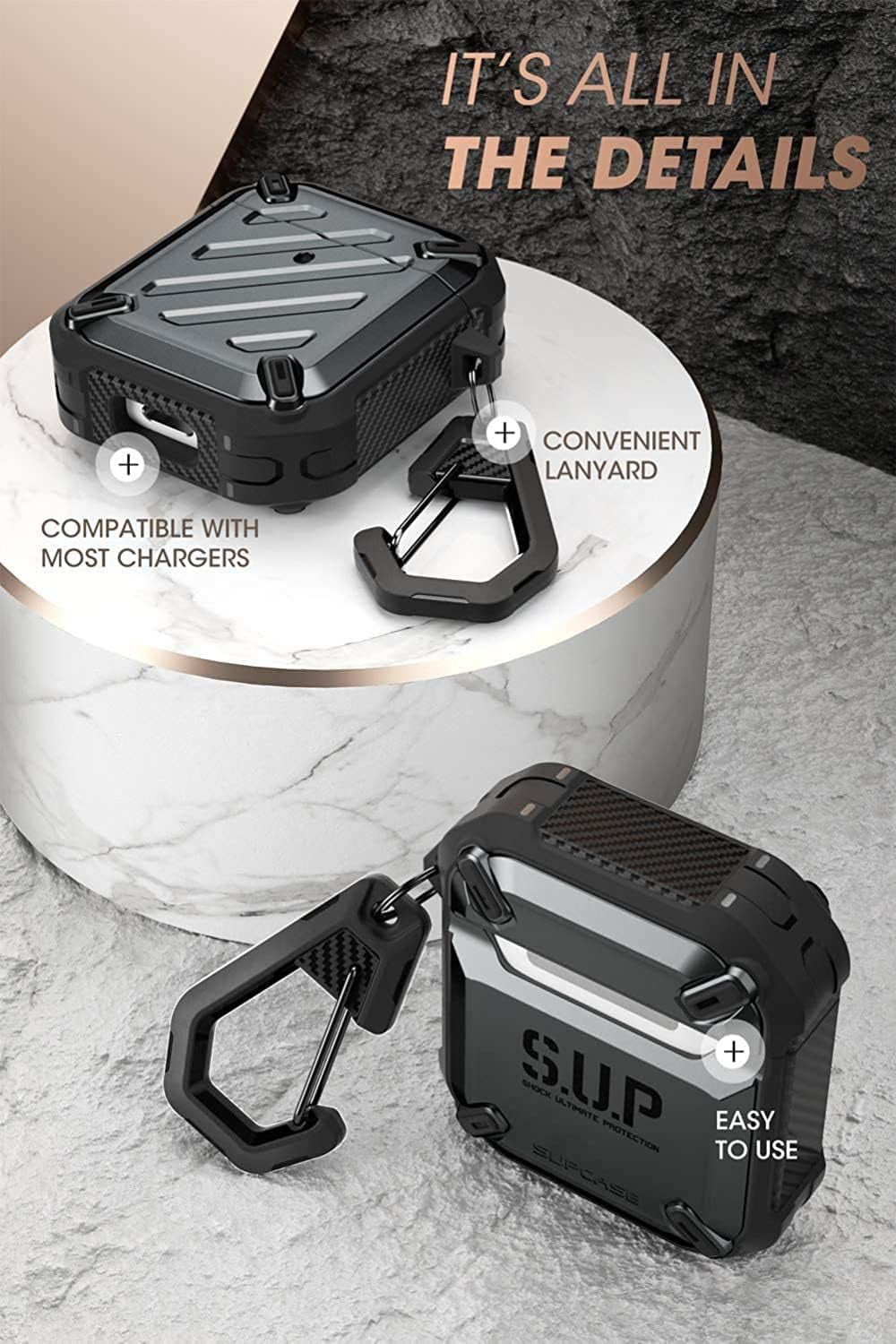 Unicorn Beetle Pro Series Case Designed for Airpods 1 & 2, Full-Body Rugged Protective Case with Carabiner for Apple Airpods 1St & 2Nd (Black)