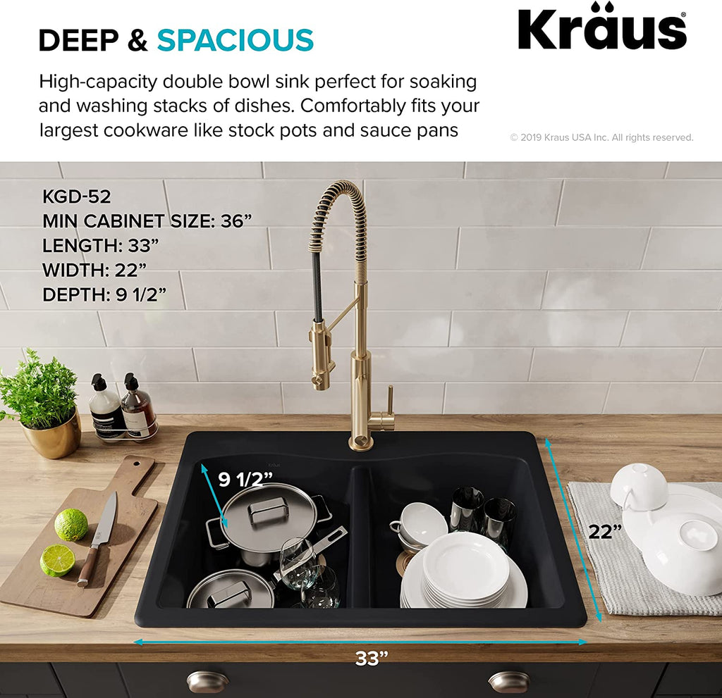 Forteza 33" Drop-In/Undermount Granite 50/50 Double Bowl Kitchen Sink - Black (KGD-52BLACK)