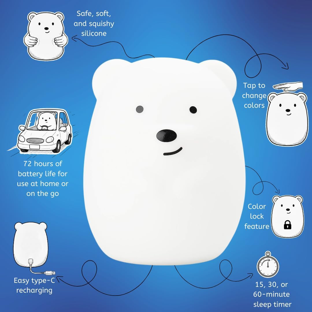 Lumipet Bear Jumbo Kids Night Light, Cute Nursery Light for Baby, Toddler, Silicone LED Lamp, Remote Operated, USB Rechargeable Battery, 9 Available Colors, Timer Auto Shutoff
